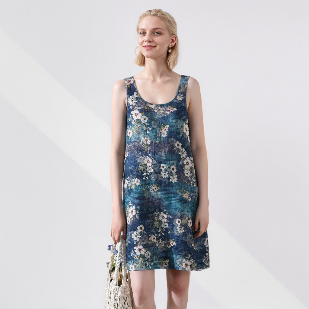 100% European Linen Printing Temperament Sleeveless Dress U Neck REAL SILK LIFE