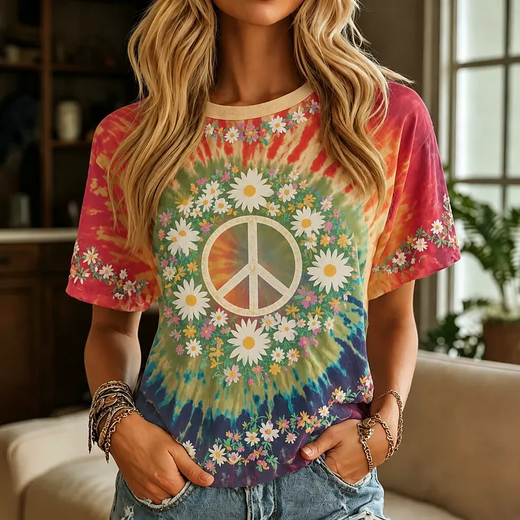 Women's Retro Tie-dye Peace Symbol Floral Pattern Casual T-shirt