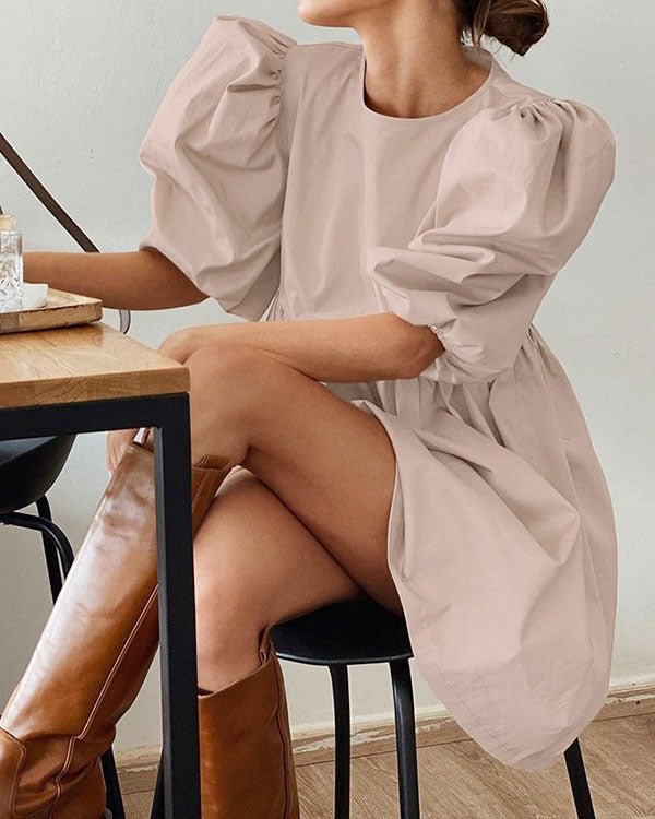 Puff sleeve round neck cotton loose dress