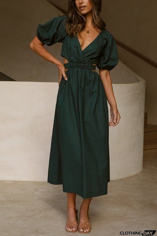 Cut Out Waist V Neck Puff Sleeve Dress