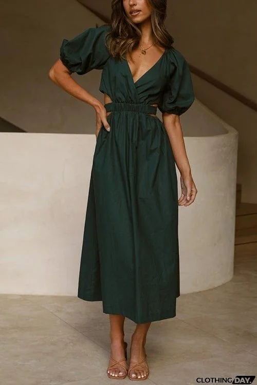 Cut Out Waist V Neck Puff Sleeve Dress