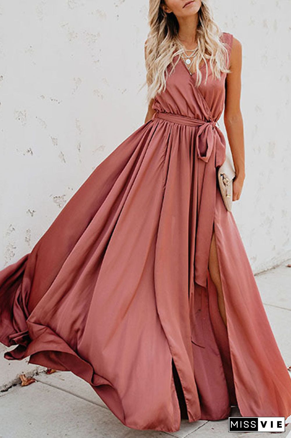 Fashion Street Solid Slit V Neck Waist Skirt Dresses