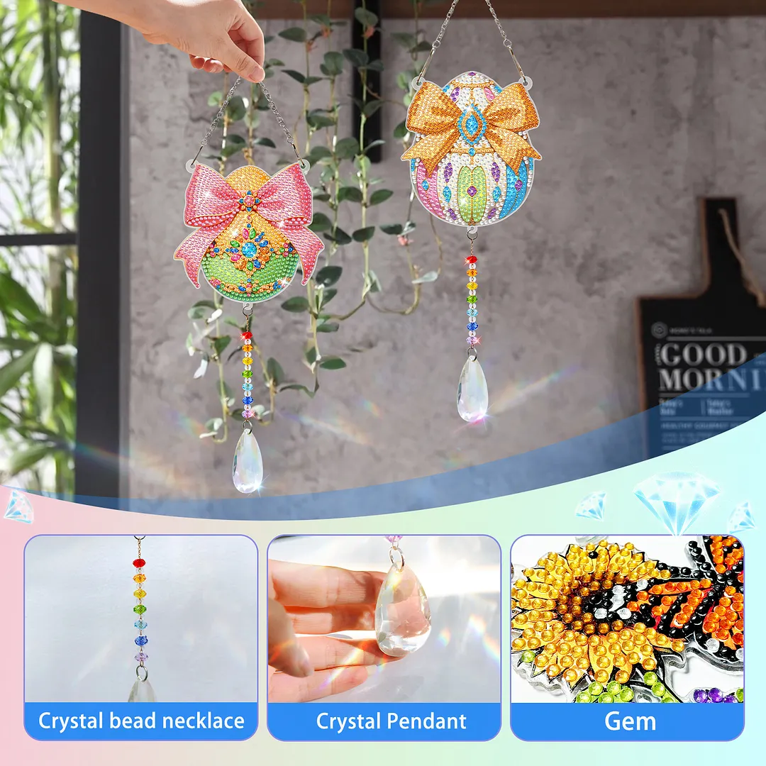 2Pcs Bow-shaped Easter Egg DIY Double-Sided Diamond Painting Hanging Kits Diamond Painting Suncatcher Craft Kit for Home Garden Wall Decor Gift