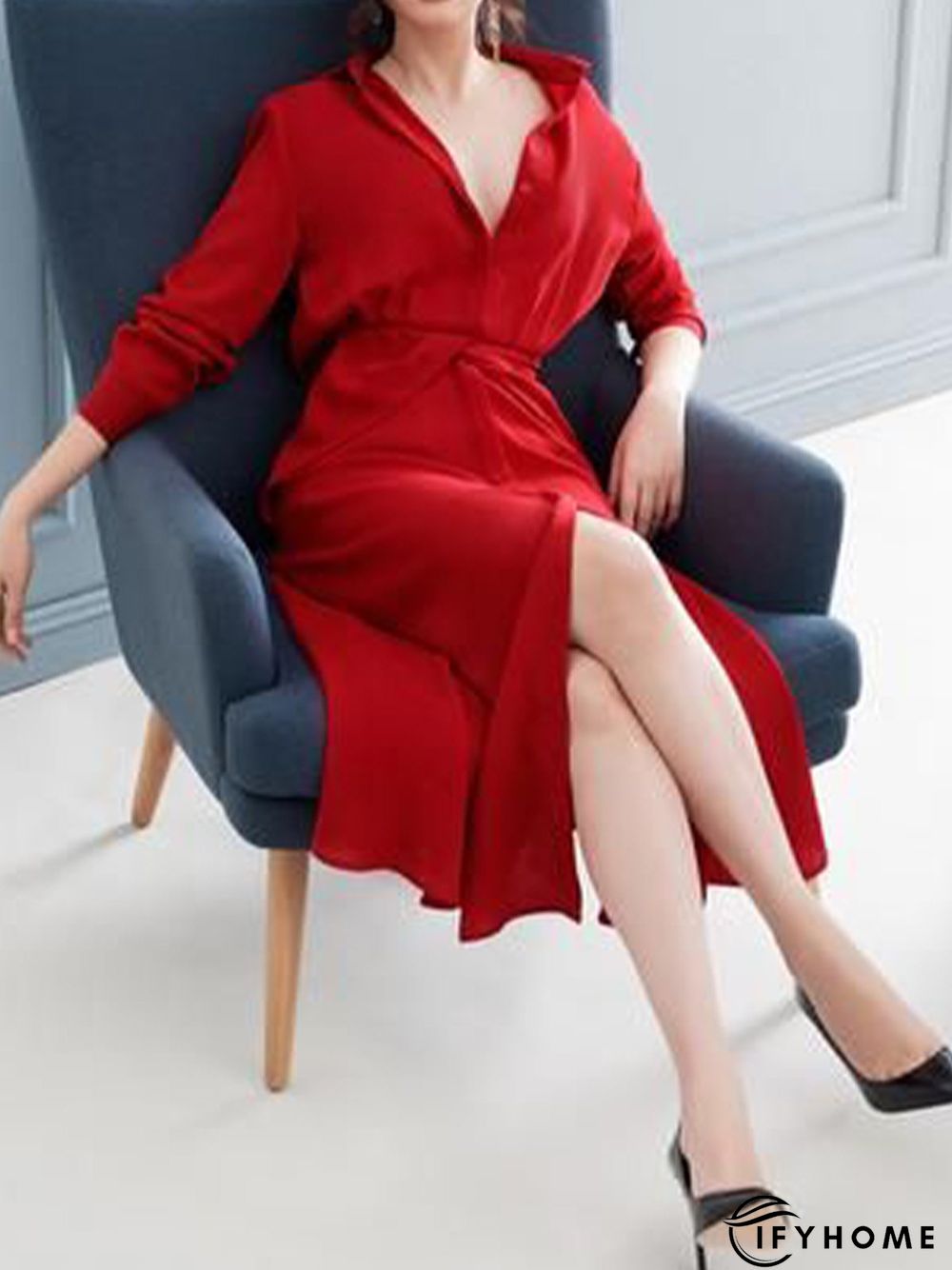 Shirt Collar Plain Elegant Maxi Dress | IFYHOME