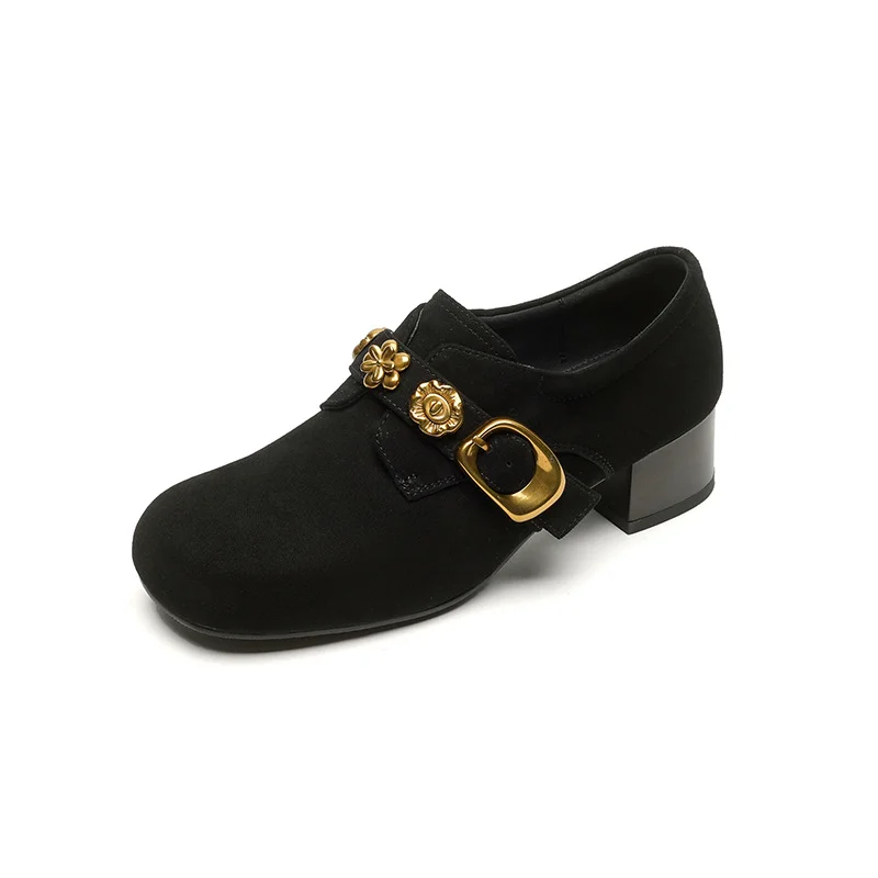Breakj Breakj Look! Scrub Retro Gold Buckle Coarse Heel Lefu Single Shoes Women Heel Grandmother Shoes