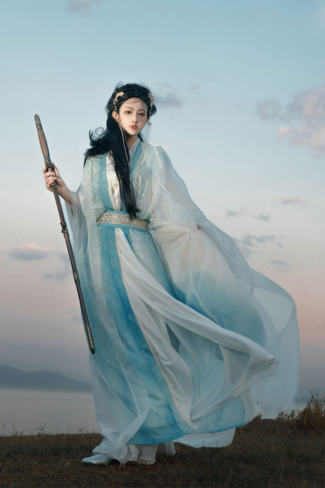 Tang Dynasty Blue Hanfu Dress with Embroidery Chinese Style - luoshenfu 洛神赋 Stupa Stones