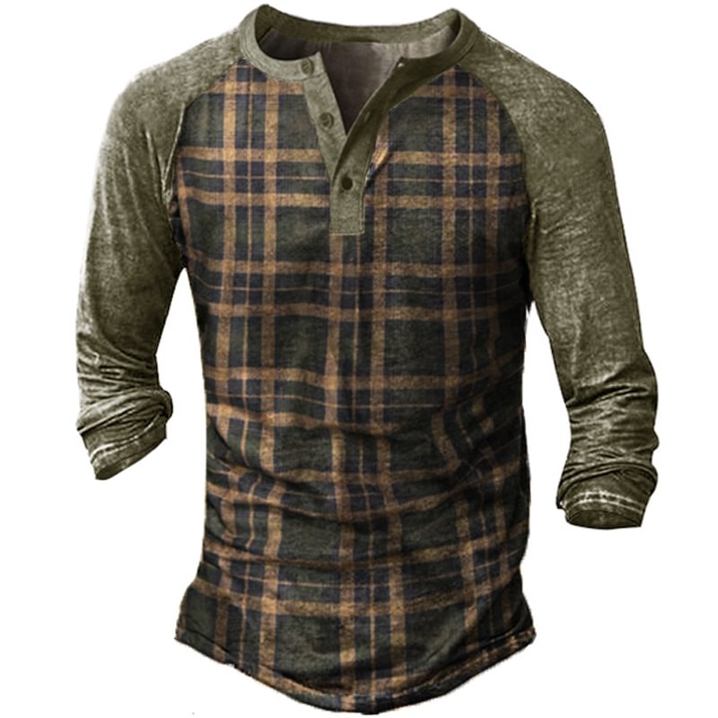 Men's Vintage Check Panel Henley Leader T-Shirt-Compassnice®