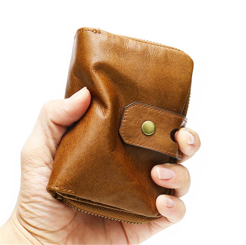 Genuine Leather Retro Multiple Compartment Card Slot Zip Closure Mini Wallet