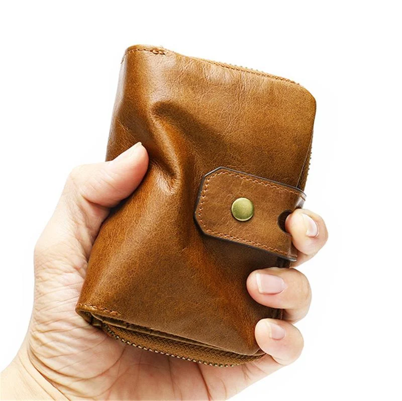 Genuine Leather Retro Multiple Compartment Card Slot Zip Closure Mini Wallet