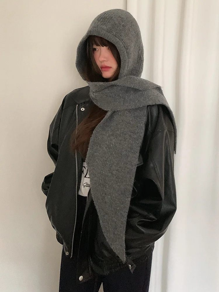 Solid Knitted Hooded Scarf