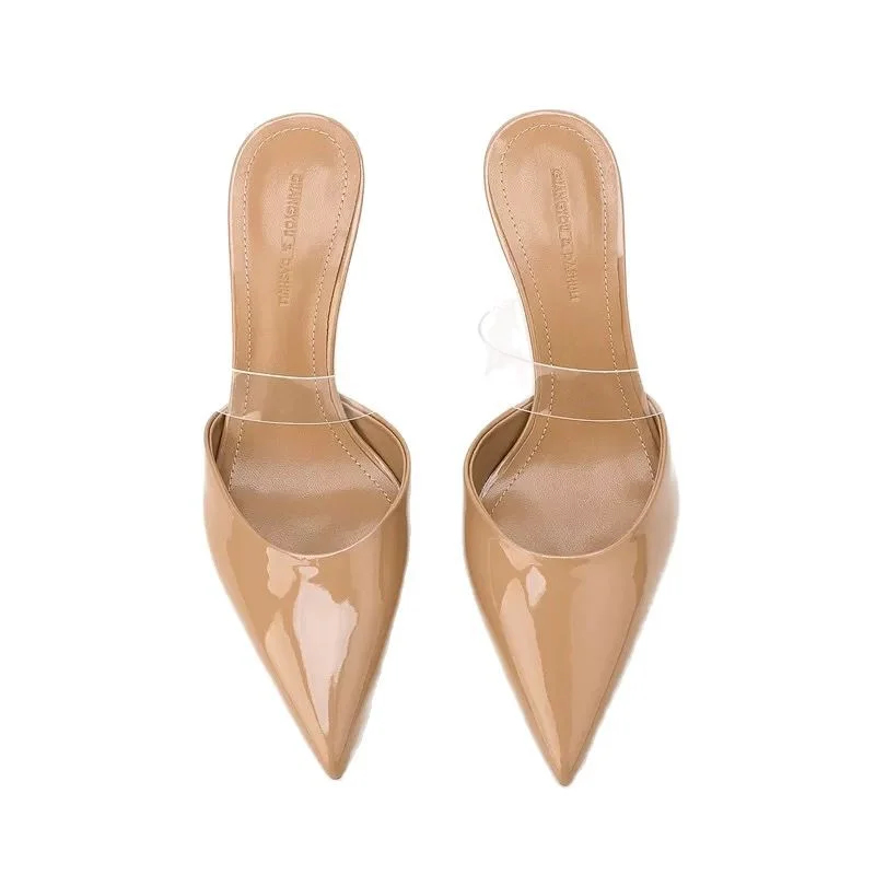 Breakj Breakj New Baotou Light Mouth Patent Transparent With Slippers Women's Sharp Head Thin Half Slippers High Heels