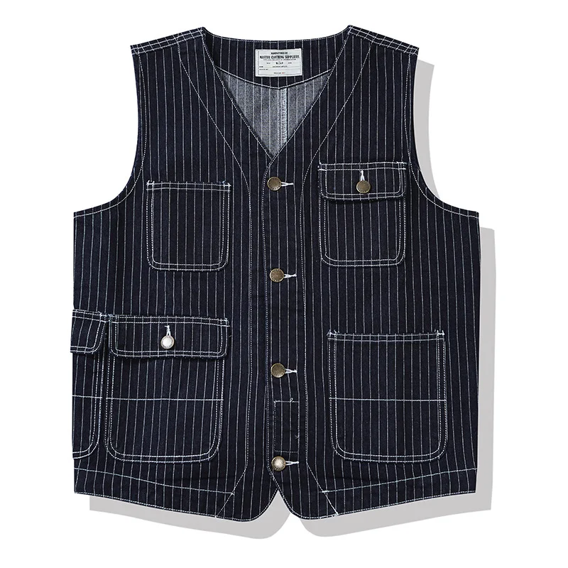 Men's White & Black Stripe Denim Vest  Casual Retro Multi Bag Work Vest For Hunting, Fishing, Outdoor, Work Wear