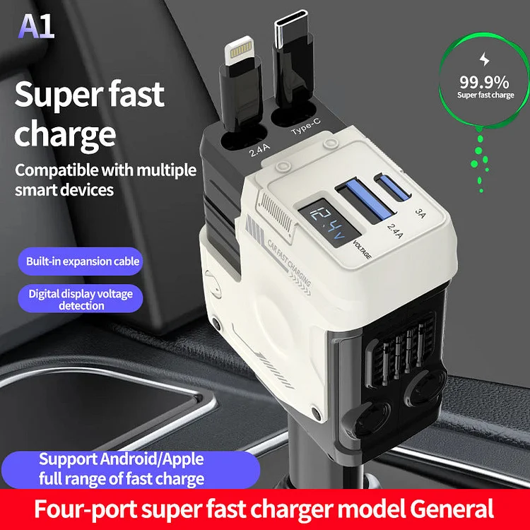 Car Charger Super Fast Charging Flash Charging Retractable Cable Mecha Wind Screen Display Four-In-One Cigarette Lighter