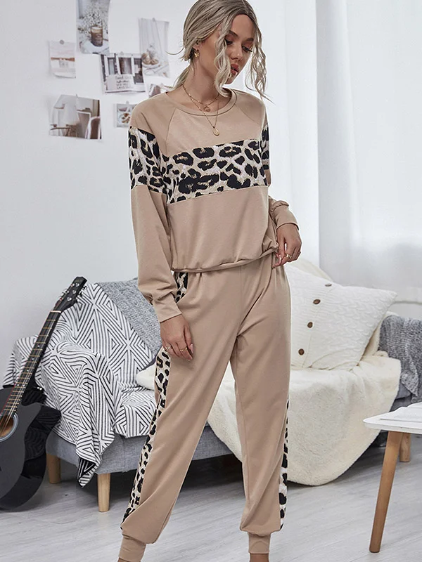 Casual Two Two Colors Leopard Tops+Pants Suits
