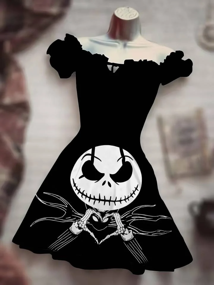 Flame Skeleton Print Off The Shoulder Puff Sleeve Dress