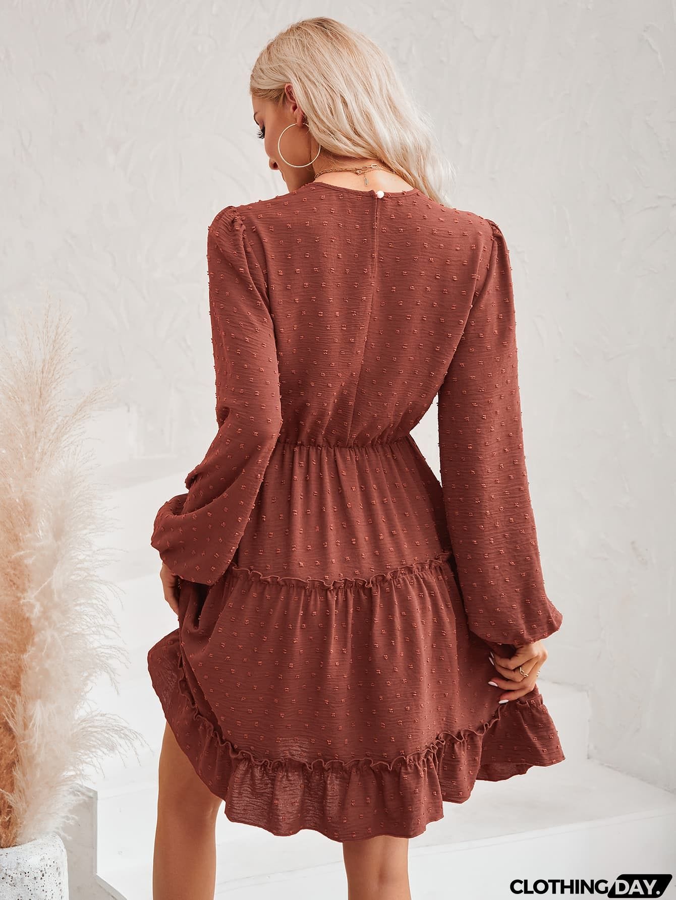 Swiss Dot Lace Trim Balloon Sleeve Dress