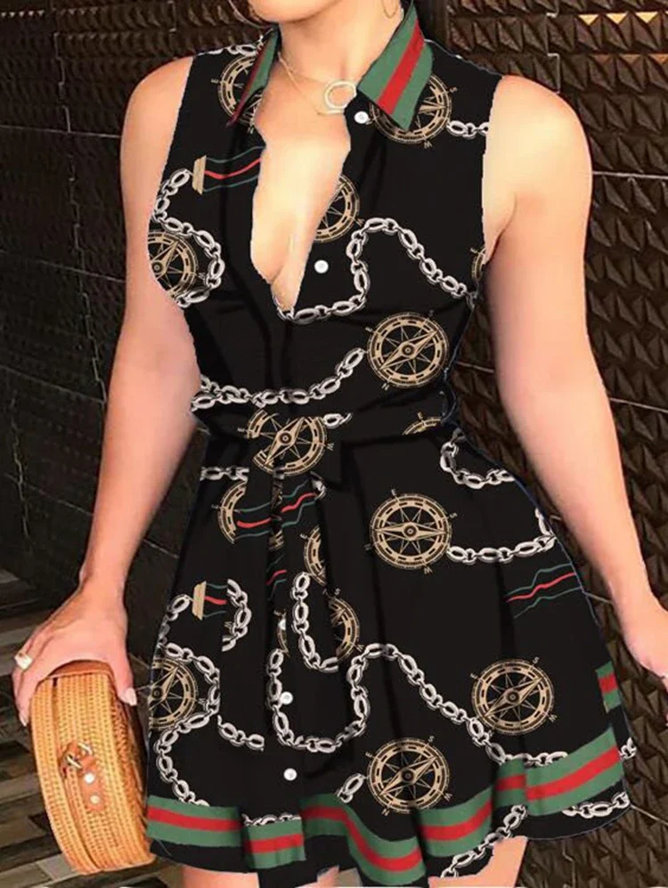 New Summer Women's Deep V-neck Tie Up Dress Personalized Printed Dress Single Breasted A-line Dress
