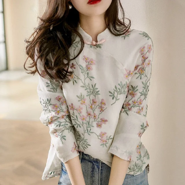 Elegant Flower Embroidery Long Sleeve Linen Cheongsam Blouse BE457