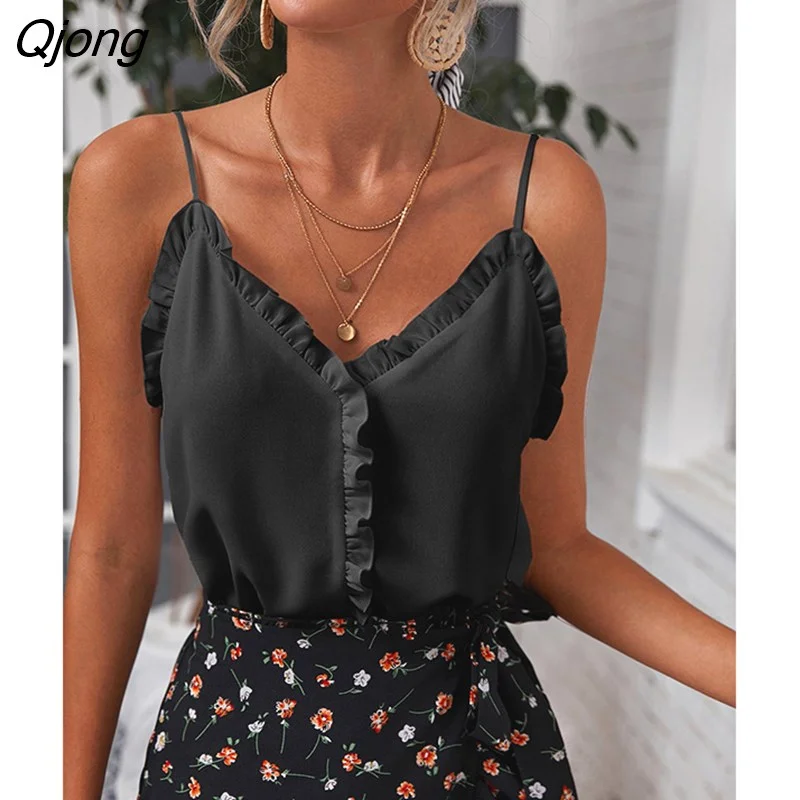 Qjong Women 2022 New Summer Temperament Sexy V-Neck Ruffles Backless Pullover Solid Chiffon Camisole Top Women's Clothing