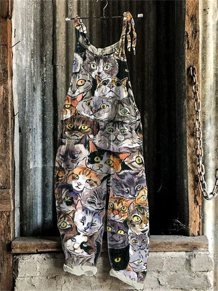 Japanese Art  Cat Print Cotton Blend Jumpsuit