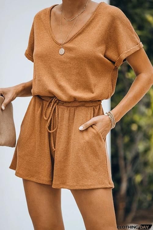 V Neck Pockets Drawstring Romper