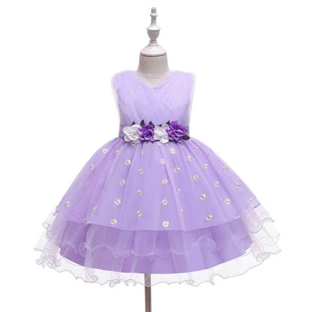 Child Yellow Layered Lovely Girls Birthday Dresses For Kids Fluffy V-neck Flower Little Girl Dress Knee-Length 2-8 Years Old