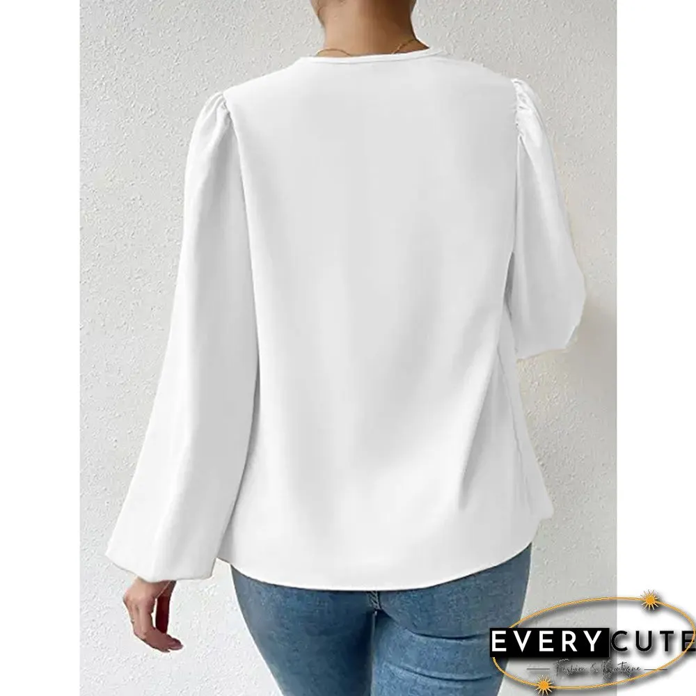 White Drape Pleated V Neck Long Sleeve Top