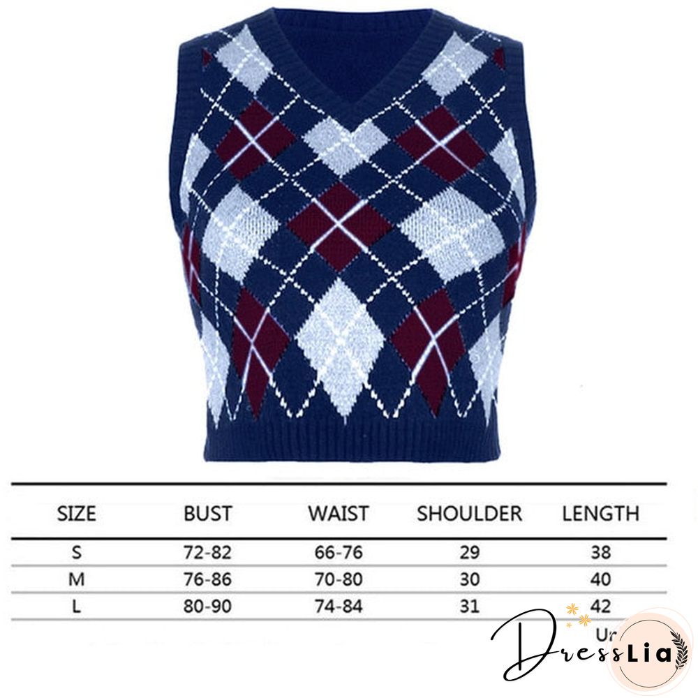 V Neck Vintage Argyle Sweater Vest Women Black Sleeveless Plaid Knitted Crop Sweaters Casual Autumn Preppy Style tops