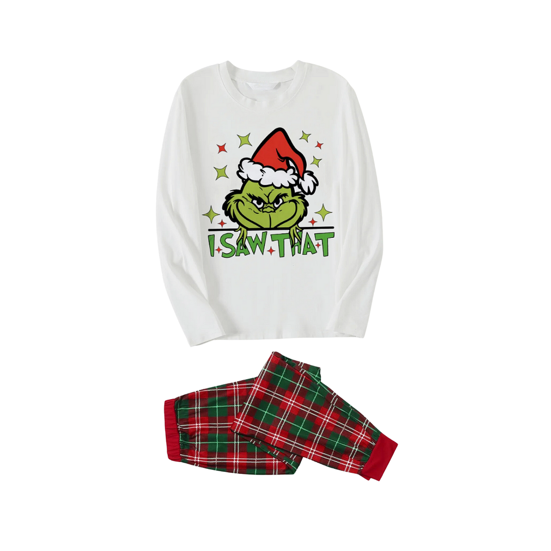 Cartoon Pattern and "I Saw that" Text Printed Red & Green Plaid Family Matching Pajamas