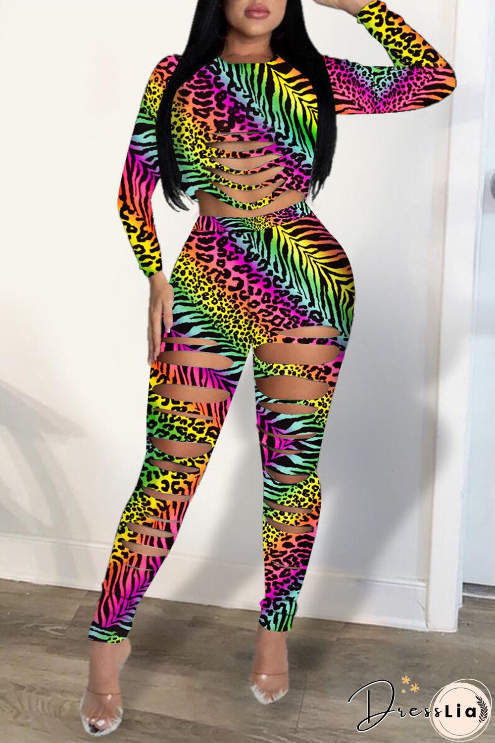 Fashion Casual Long Sleeve O Neck Regular Sleeve Short Leopard Print Two Pieces