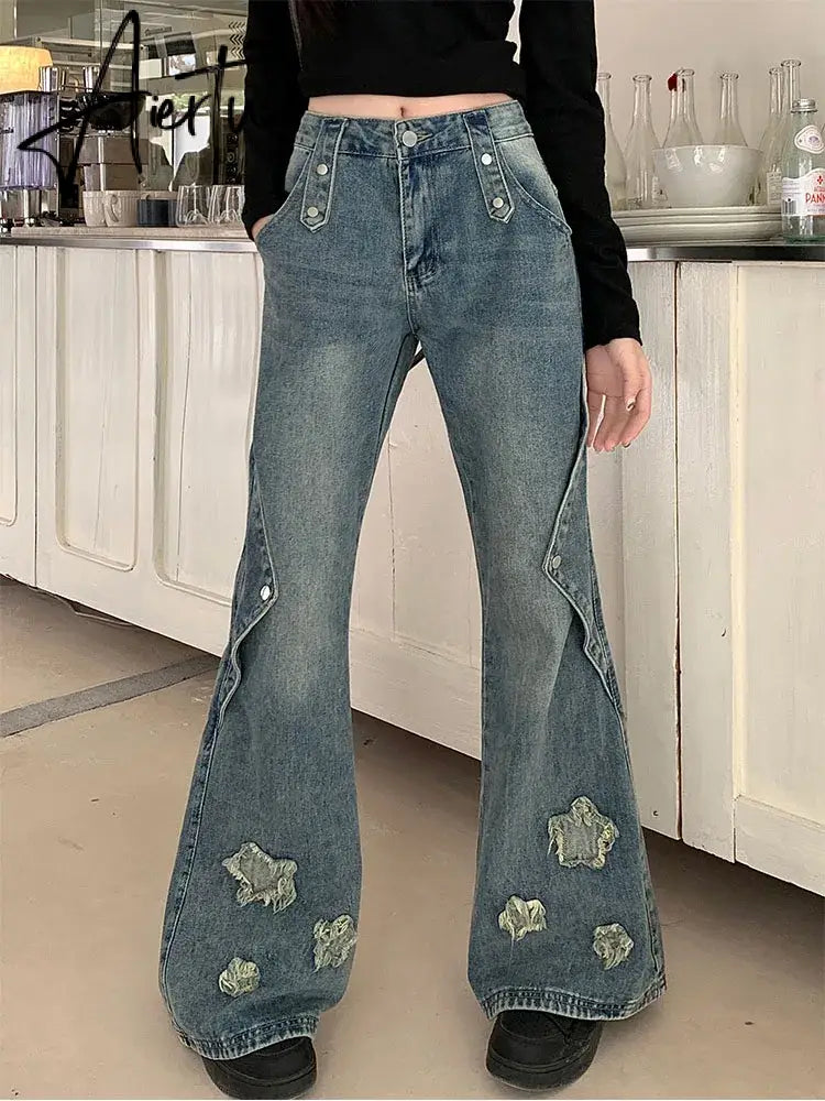 Aiertu Fashion Blue Denim Pants Women Embroidery Star New Design High Waist Slim Bell Bottoms Gyaru Jeans Streetwear Vintage Kpop Aiertu