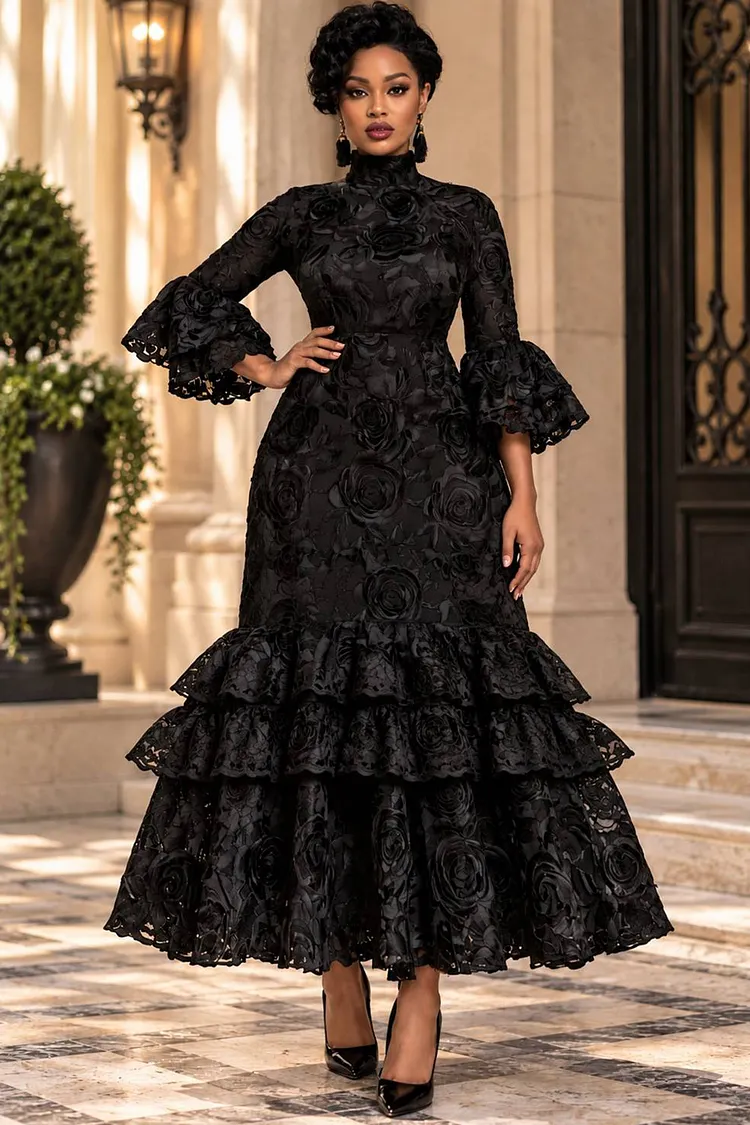 Xpluswear Design Plus Size Formal Black Stand-Up Collar Flare Long Sleeve Ruffle Midi Dresses [Pre-Order] 2024 - Xpluswear