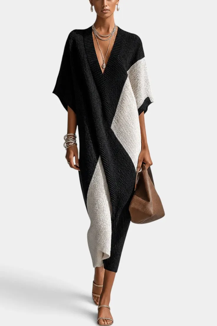 Asymmetrical Two-Tone Knit Cape Dress