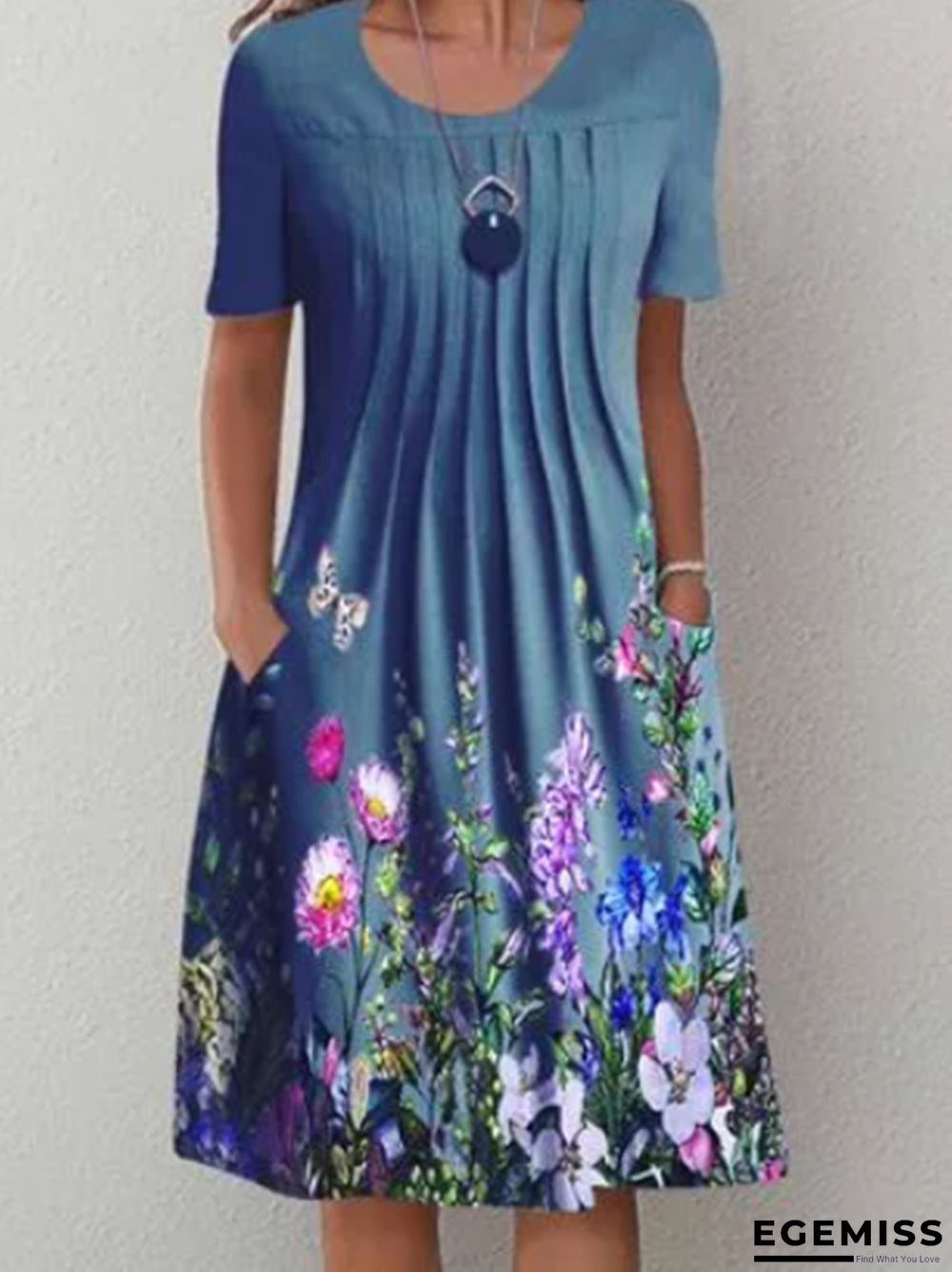 Casual Flower Round Neck Pleated Dress | EGEMISS