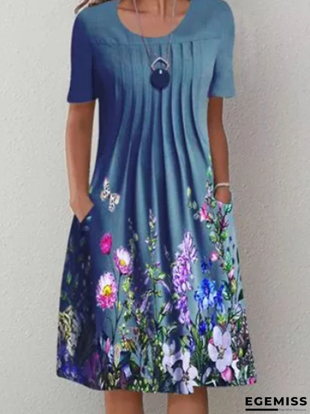 Casual Flower Round Neck Pleated Dress | EGEMISS