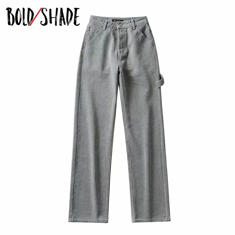 Bold Shade Streetwear Fashion Grunge Jeans High Waist Straight Boy Friend Pants Solid Teen Style Women Loose  Jeans Fall Winter