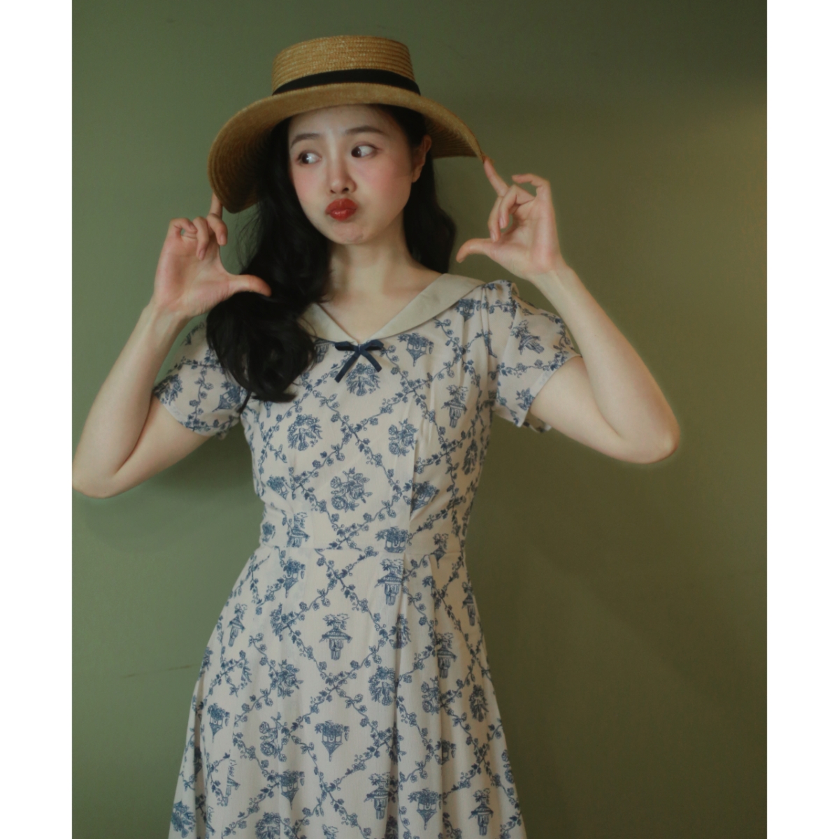 Sweet Floral Print Maxi Dress Original Design Summer 2025 Navy Collar A-Line Skirt Short Sleeve High Waist Princess Sle