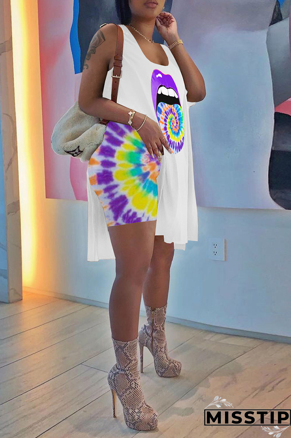 Green Sexy Print High Opening U Neck Sleeveless Two Pieces