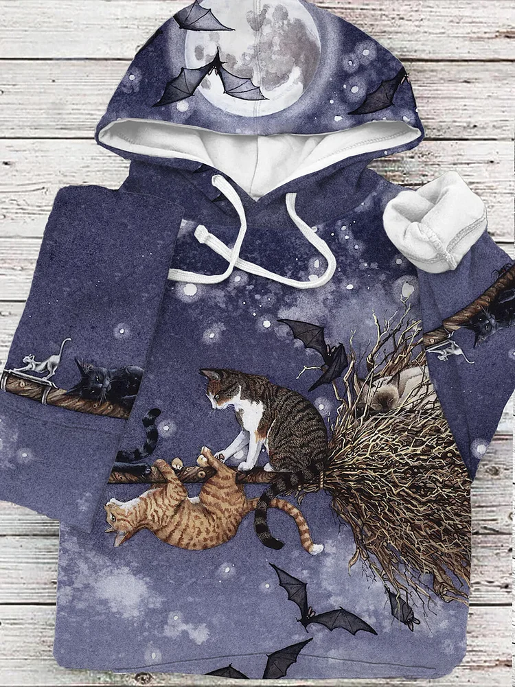 Women's Halloween Cats Bats Broom Print Hoodie