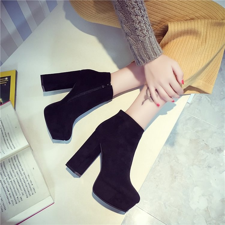 Fashion Black Vintage Boots Block Heel Suede Ankle Boots |FSJ Shoes