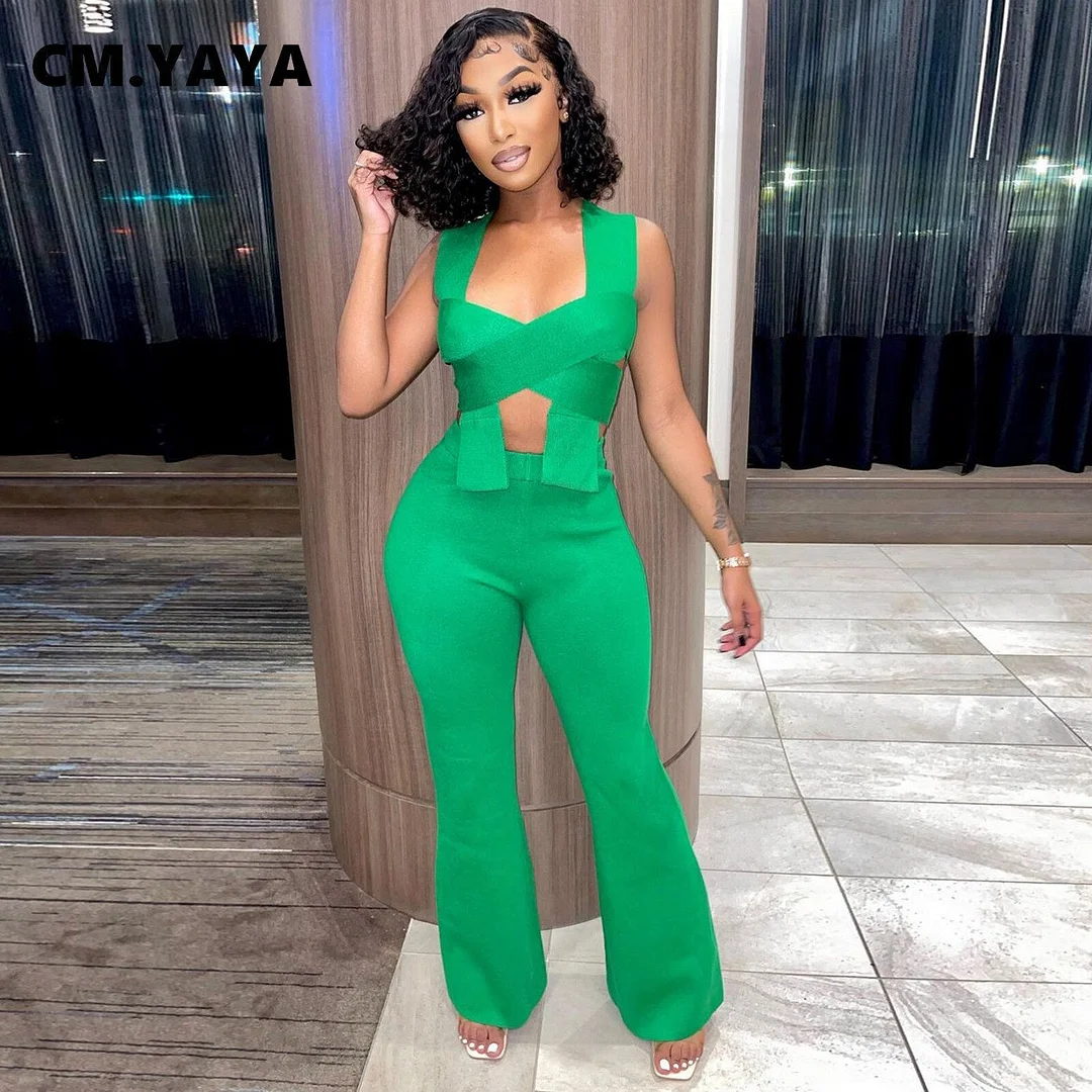 CM.YAYA Sexy Women's Tracksuit Halter Neck Twist Crop Tops and Straight wide leg Pants Suit Matching Two 2 Piece Set Outfits