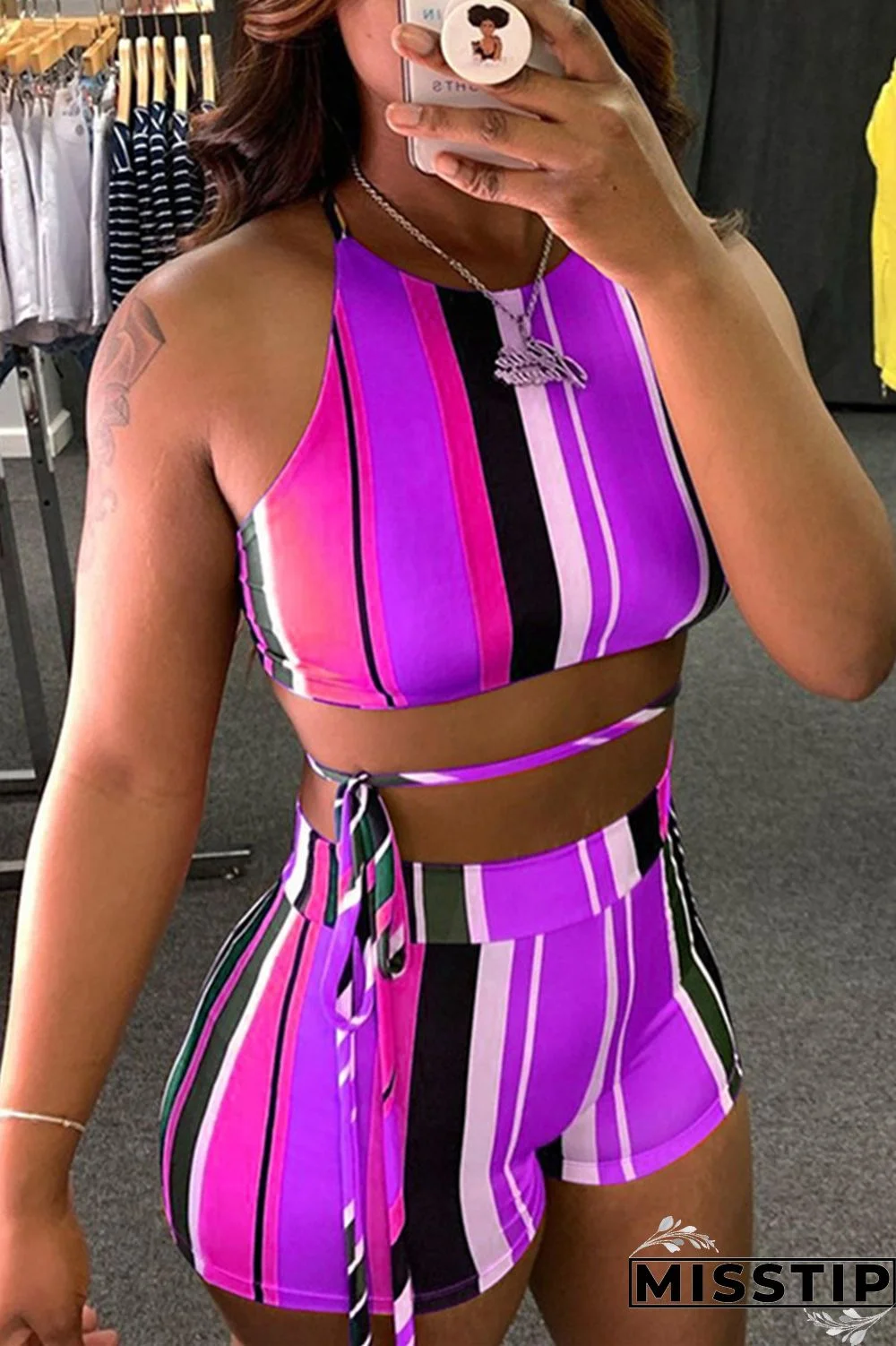 Purple Sexy Casual Striped Print Backless O Neck Sleeveless Two Pieces