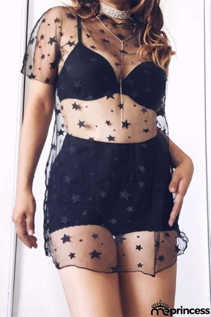 Black Stars Sheer Mesh Cover-Up T-Shirt Dress