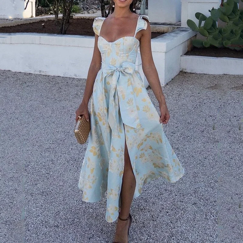 Uveng Uveng Women's New Fashion Floral Print Open Fork Waist Hanging Dress