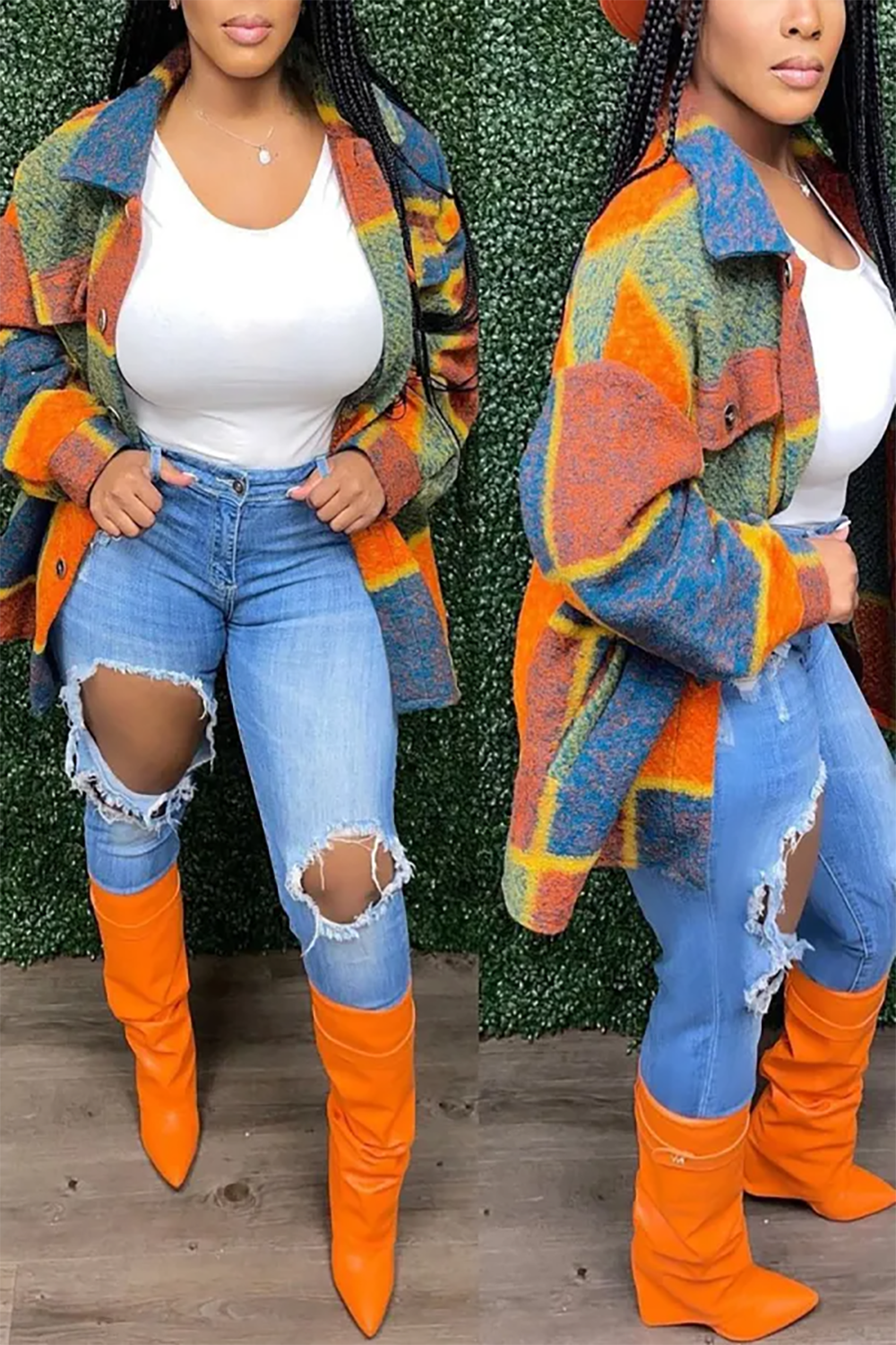 Plus Size Daily Overcoat Orange Plaid Print Patchwork Buckle Turndown Collar Overcoat