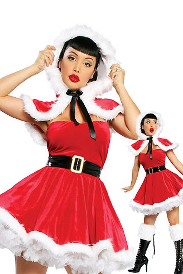 Women Wraped Bubble Pleated Miss Santa Claus Costume-elleschic
