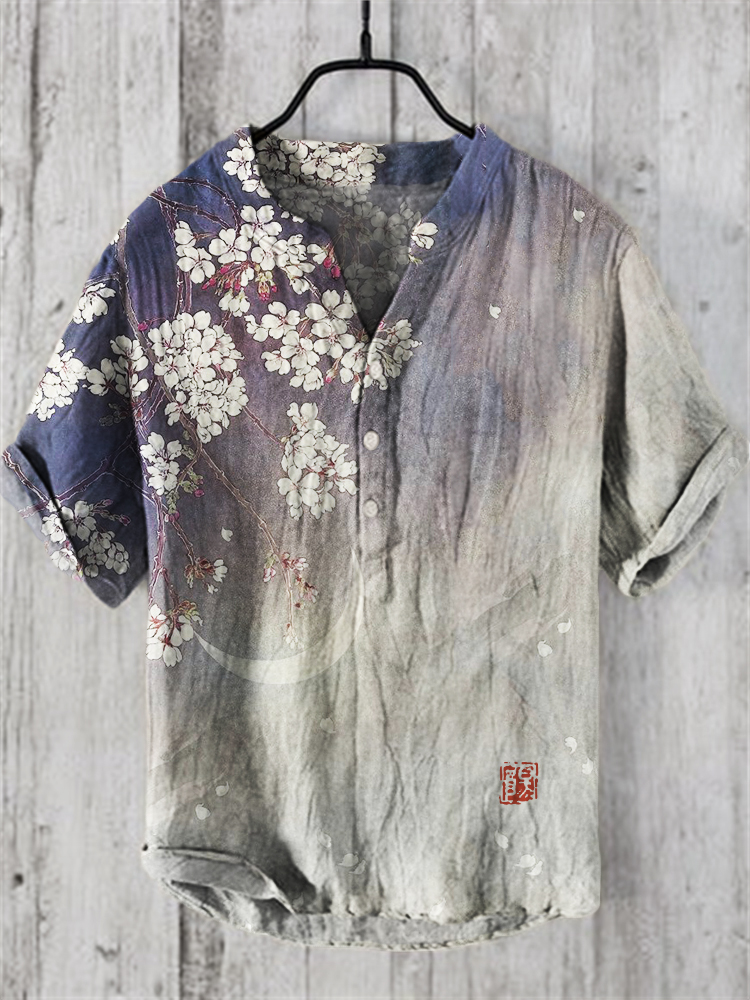 menweary Falling Cherry Blossom Crescent Japanese Art Linen Blend Shirt