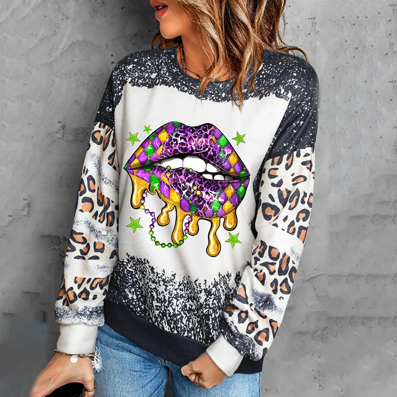 Mardi Gras Lip Graphic Leopard Colorblock Sweatshirt