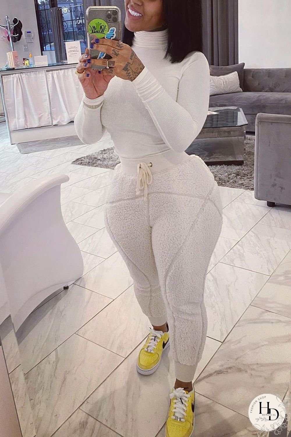 White Street Solid Turtleneck Long Sleeve Two Pieces