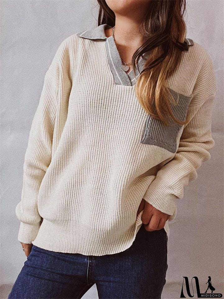 MidiSono - Casual Lapel Contrast Color Sweaters With Pocket